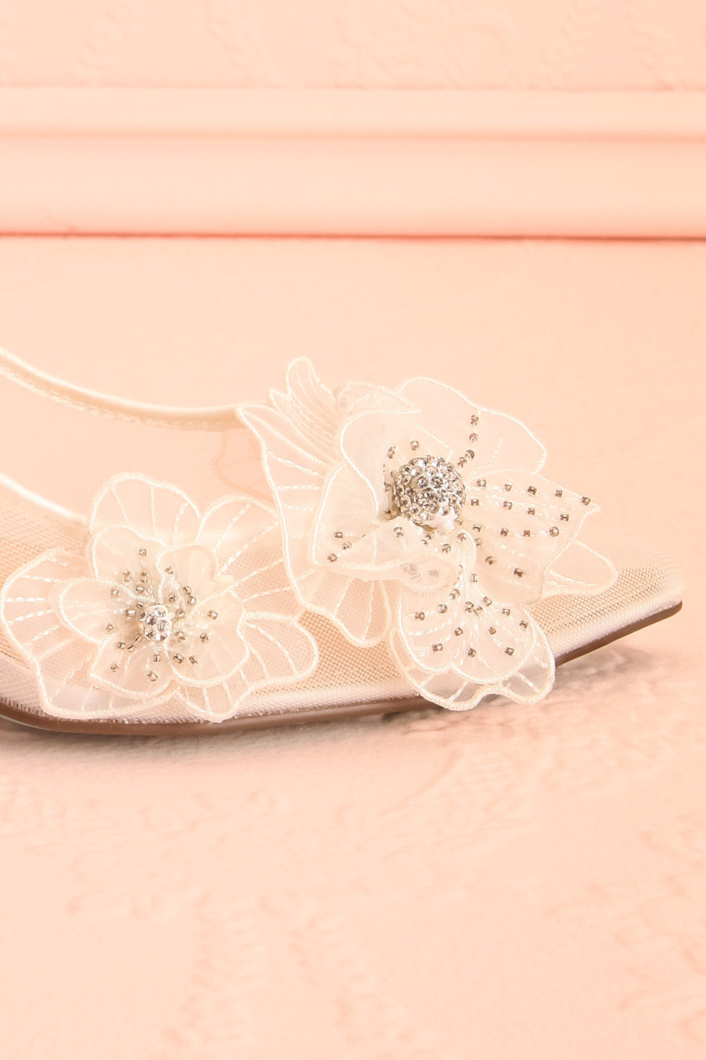 Fionna Bridal Block Heels with Floral Appliqués | Boudoir 1861 front close-up