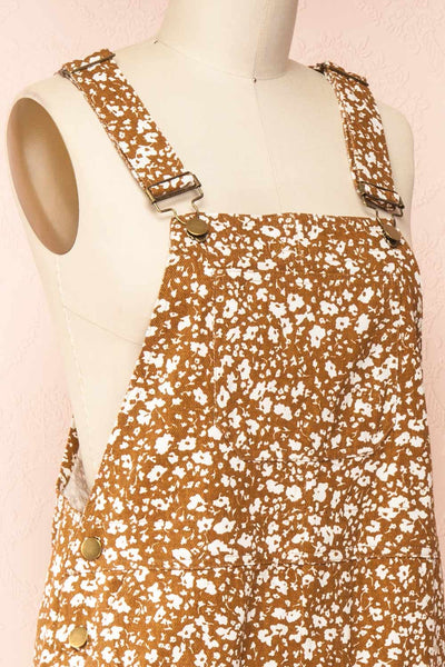 Fionnuala Brown Denim Overalls w/ White Flowers | Boutique 1861 side close-up