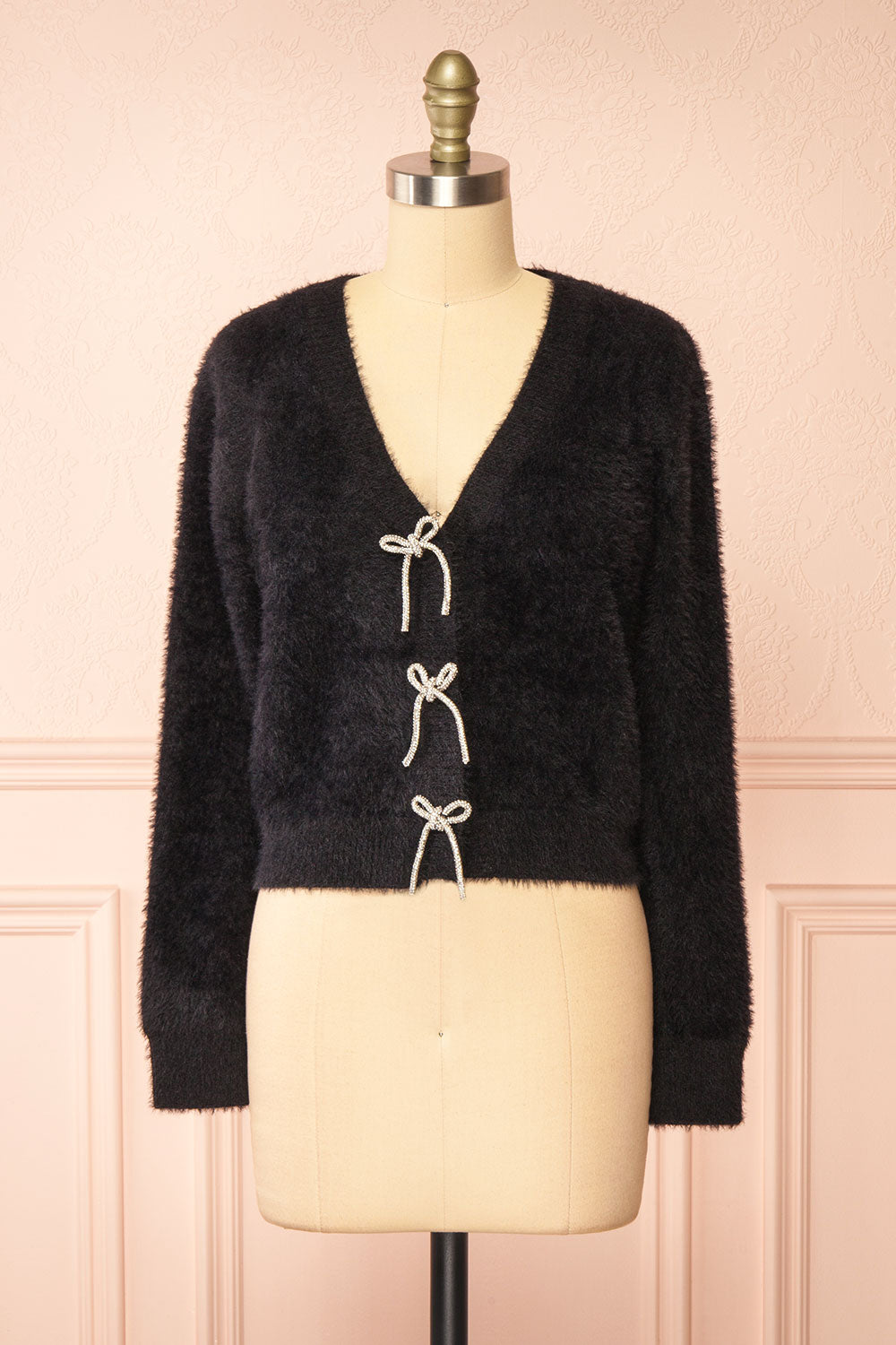 Fitia Fuzzy Black Cardigan w/ Crystal Bows front view