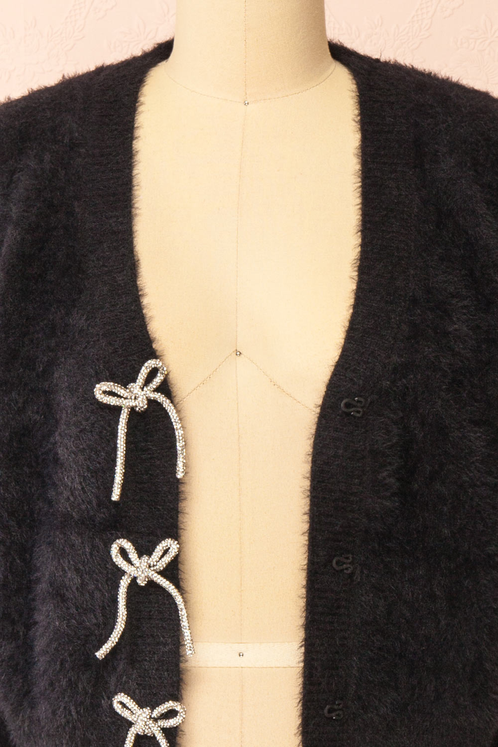 Fitia Fuzzy Black Cardigan w/ Crystal Bows 