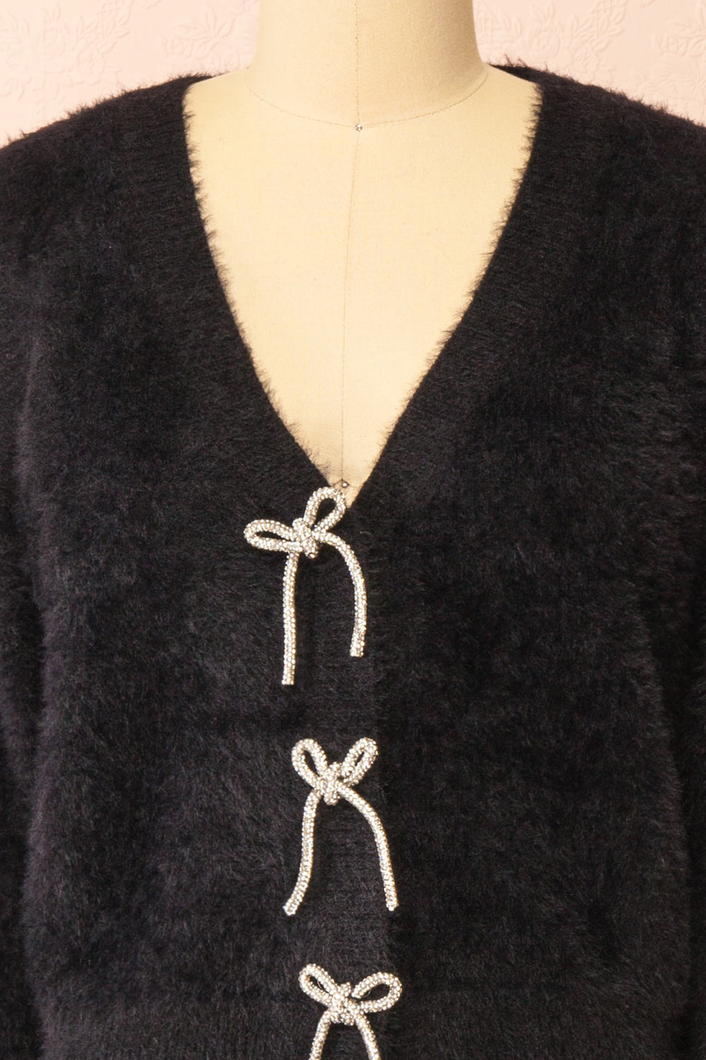 Fitia Fuzzy Black Cardigan w/ Crystal Bows front