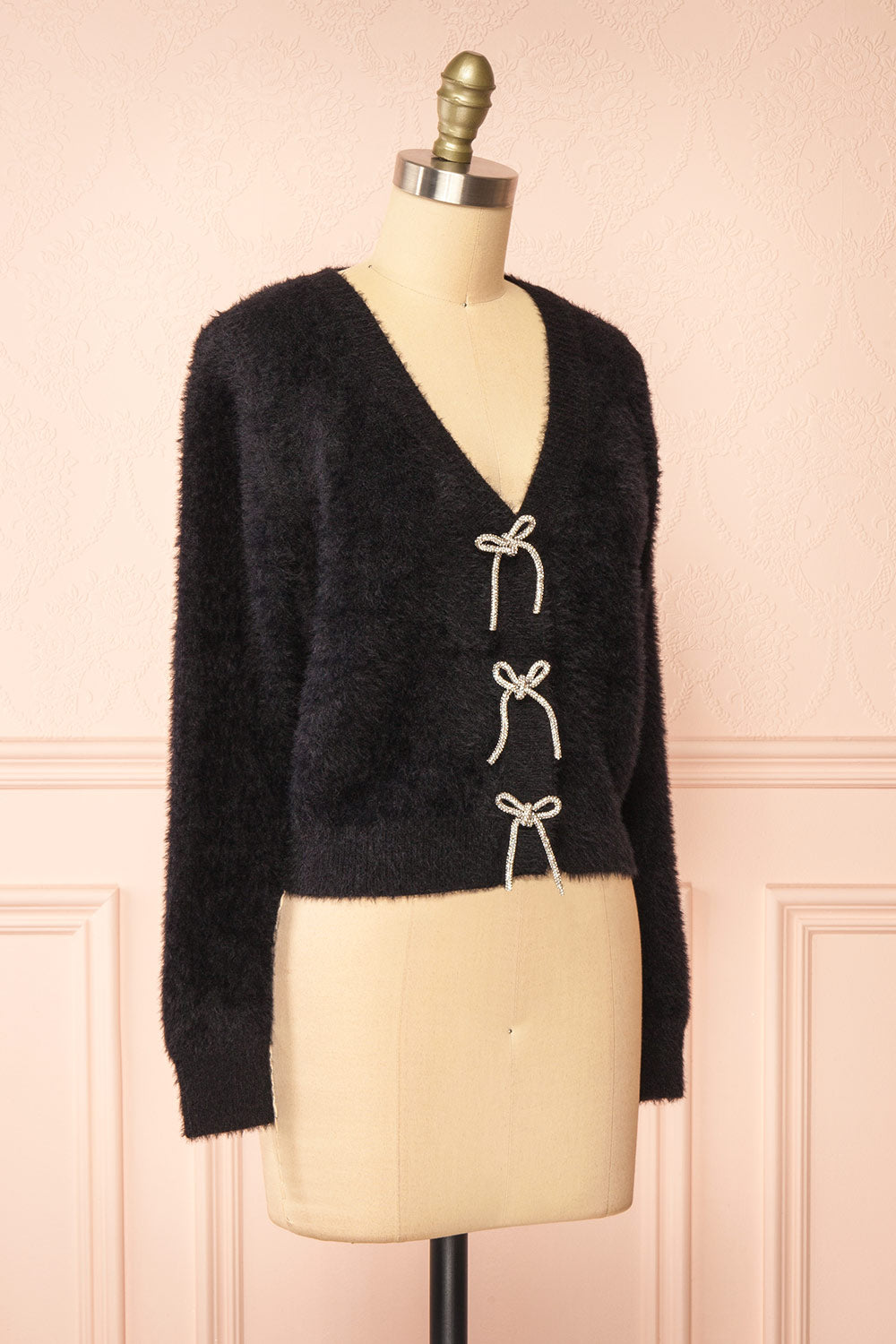 Fitia Fuzzy Black Cardigan w/ Crystal Bows side view