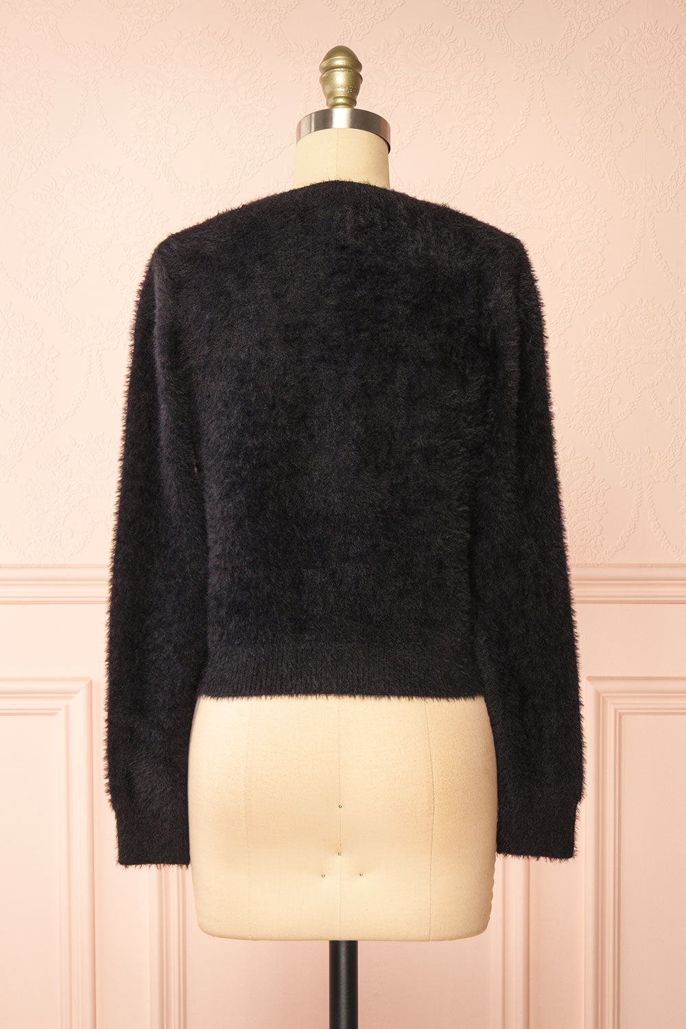 Fitia Fuzzy Black Cardigan w/ Crystal Bows back view