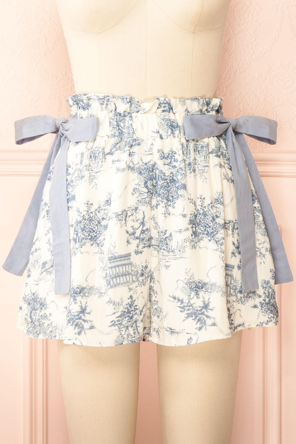 Fitzgerald | Shorts with Ribbons and Blue French Toile Pattern | Front 