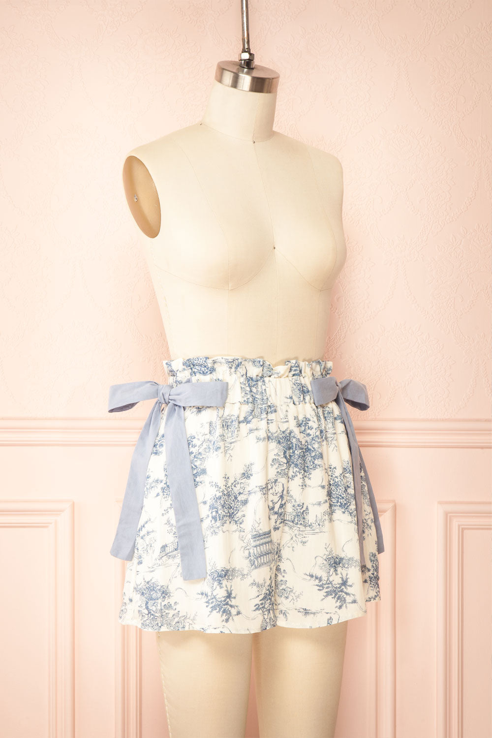 Fitzgerald | Shorts with Ribbons and Blue French Toile Pattern | Side View