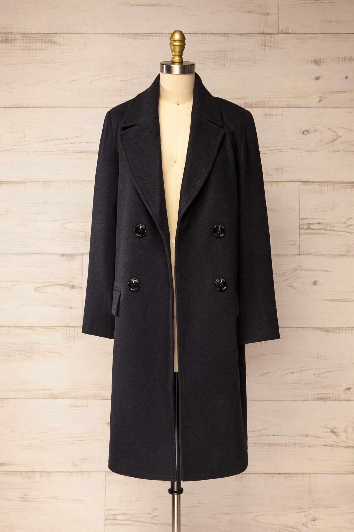front view of Flamidien Navy Straight Felt Coat open at La petite garçonne