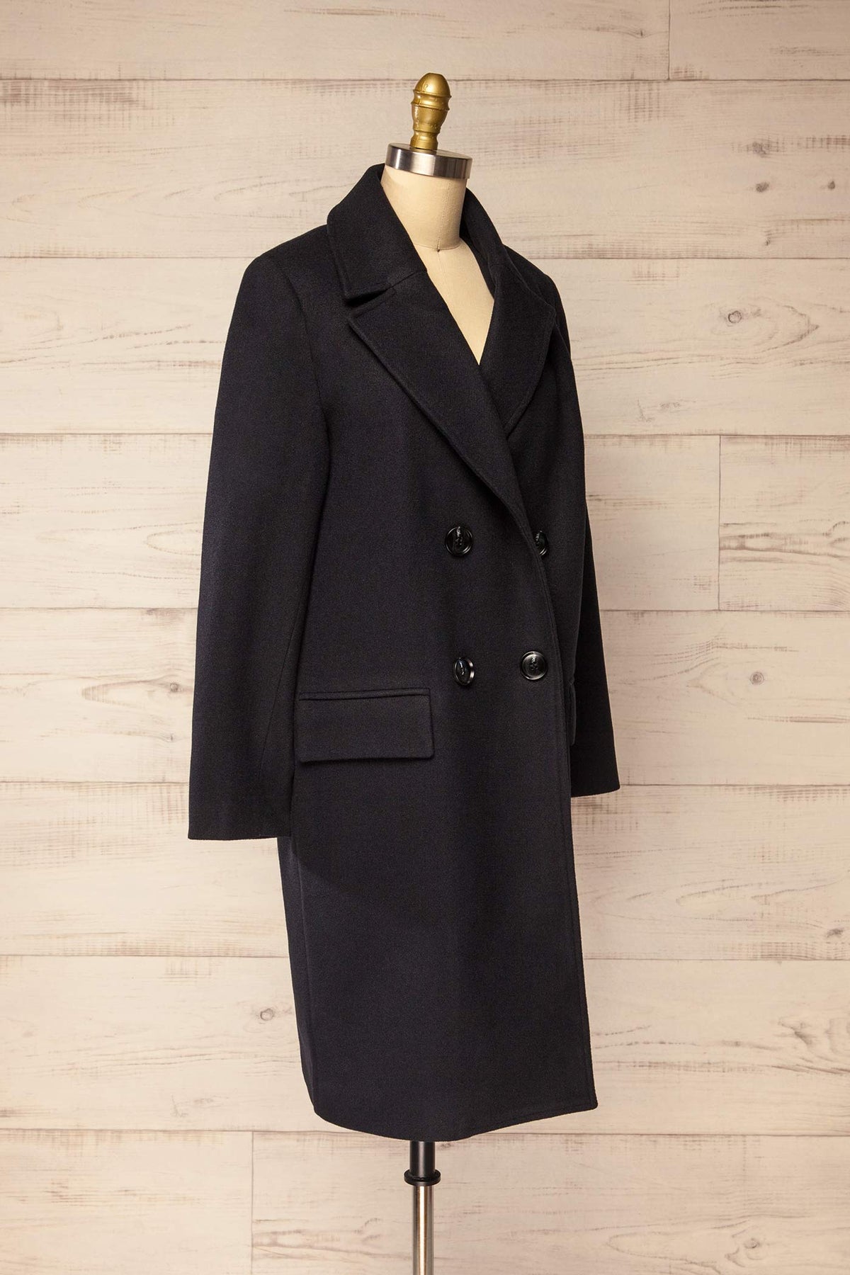 side view of Flamidien Navy Straight Felt Coat at La petite garçonne
