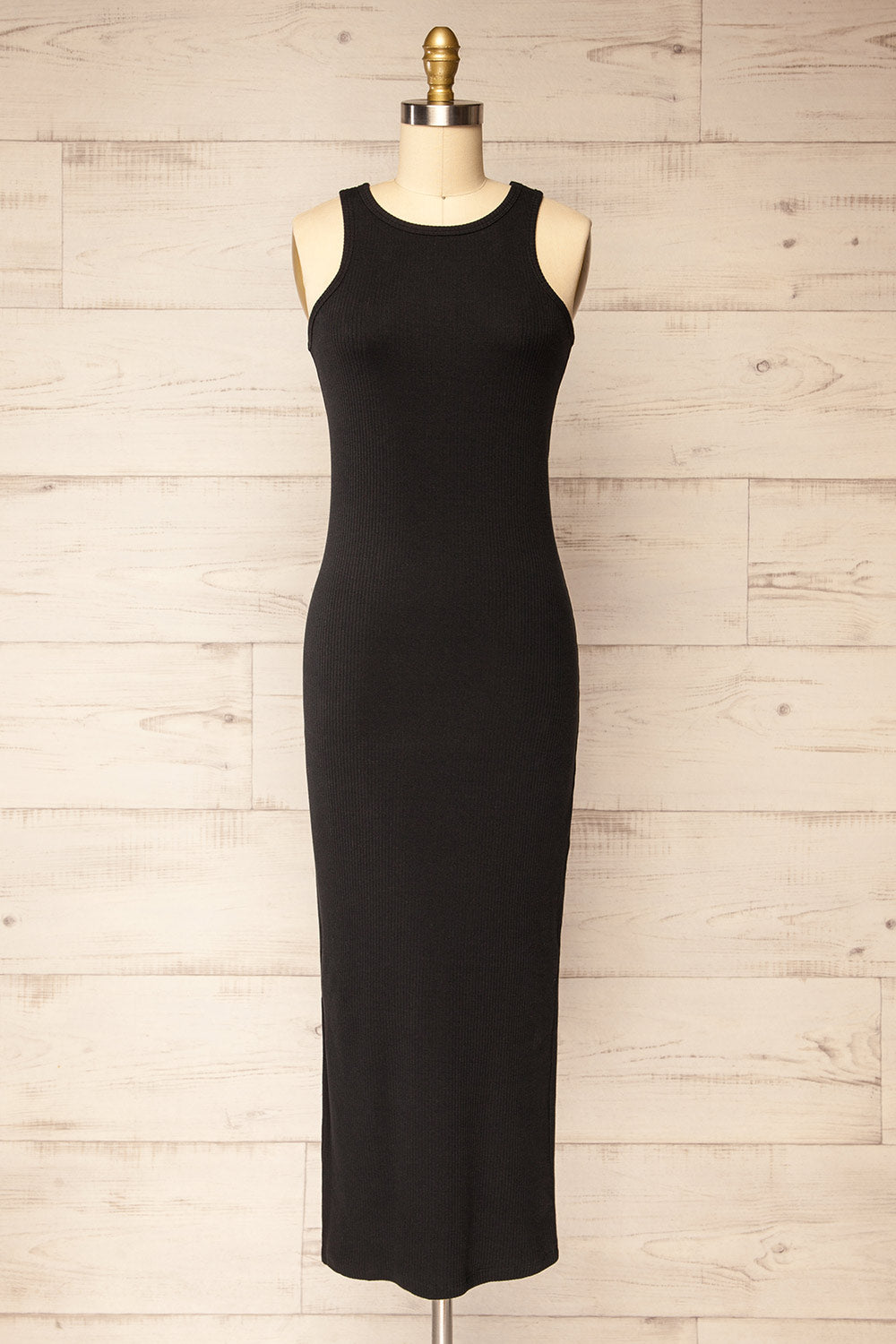 Floirac Black Sleeveless Ribbed Midi Dress | La petite garçonne front view