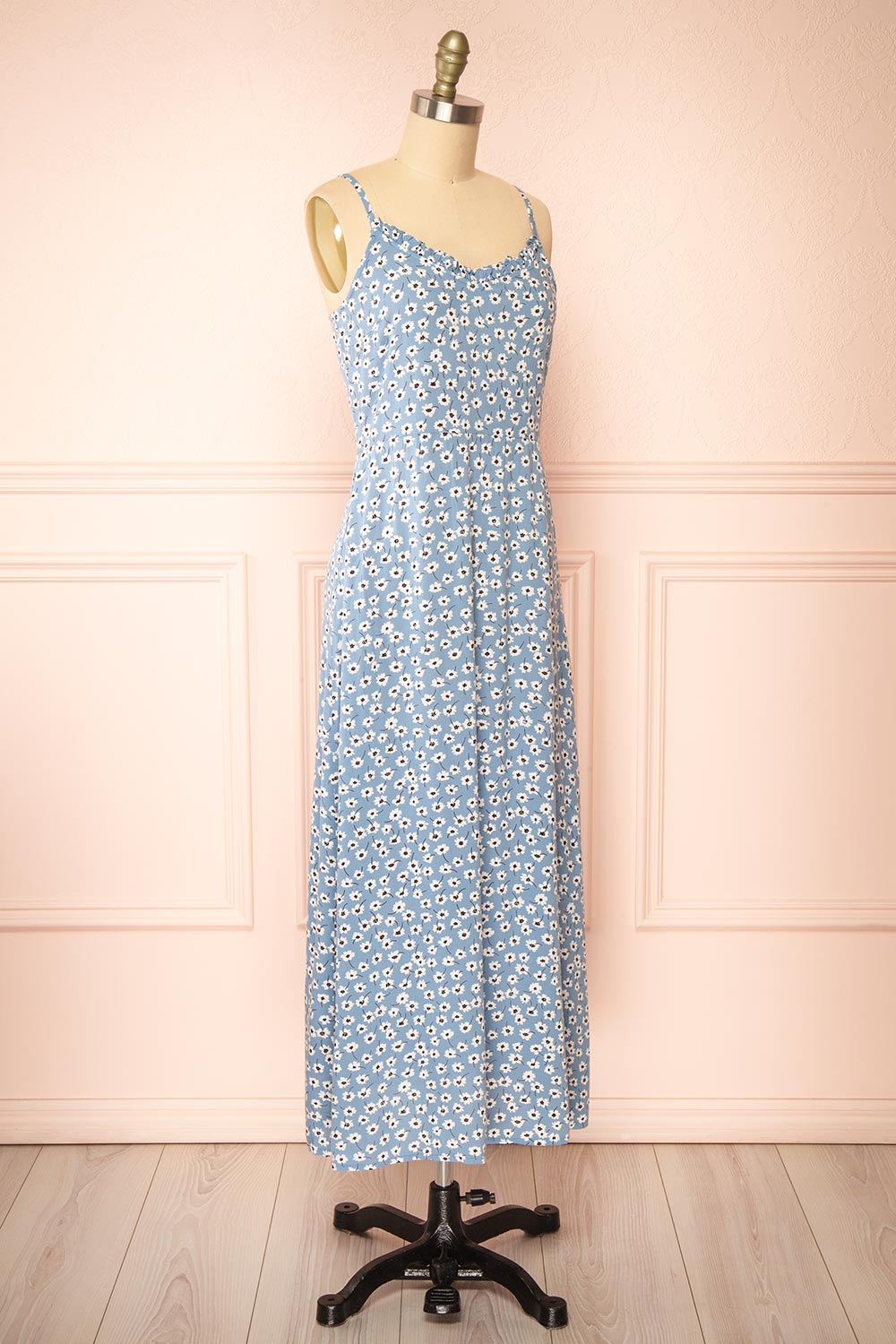 Floranda Blue Floral Midi Dress w/ Ruffles | Boutique 1861  side view