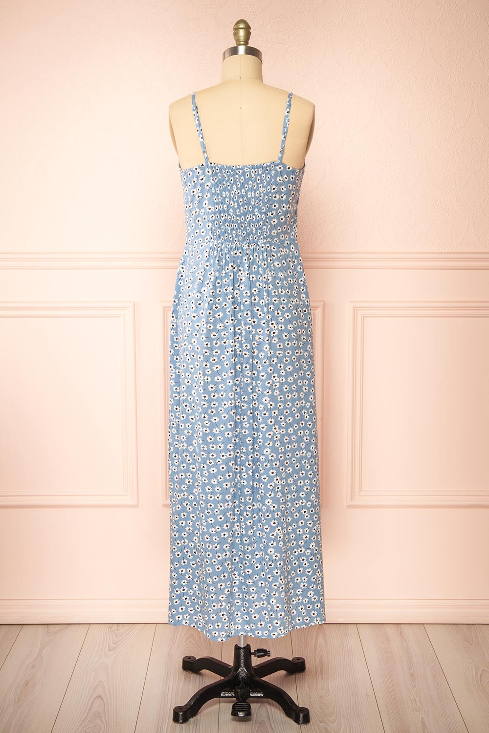 Floranda Blue Floral Midi Dress w/ Ruffles | Boutique 1861  back view