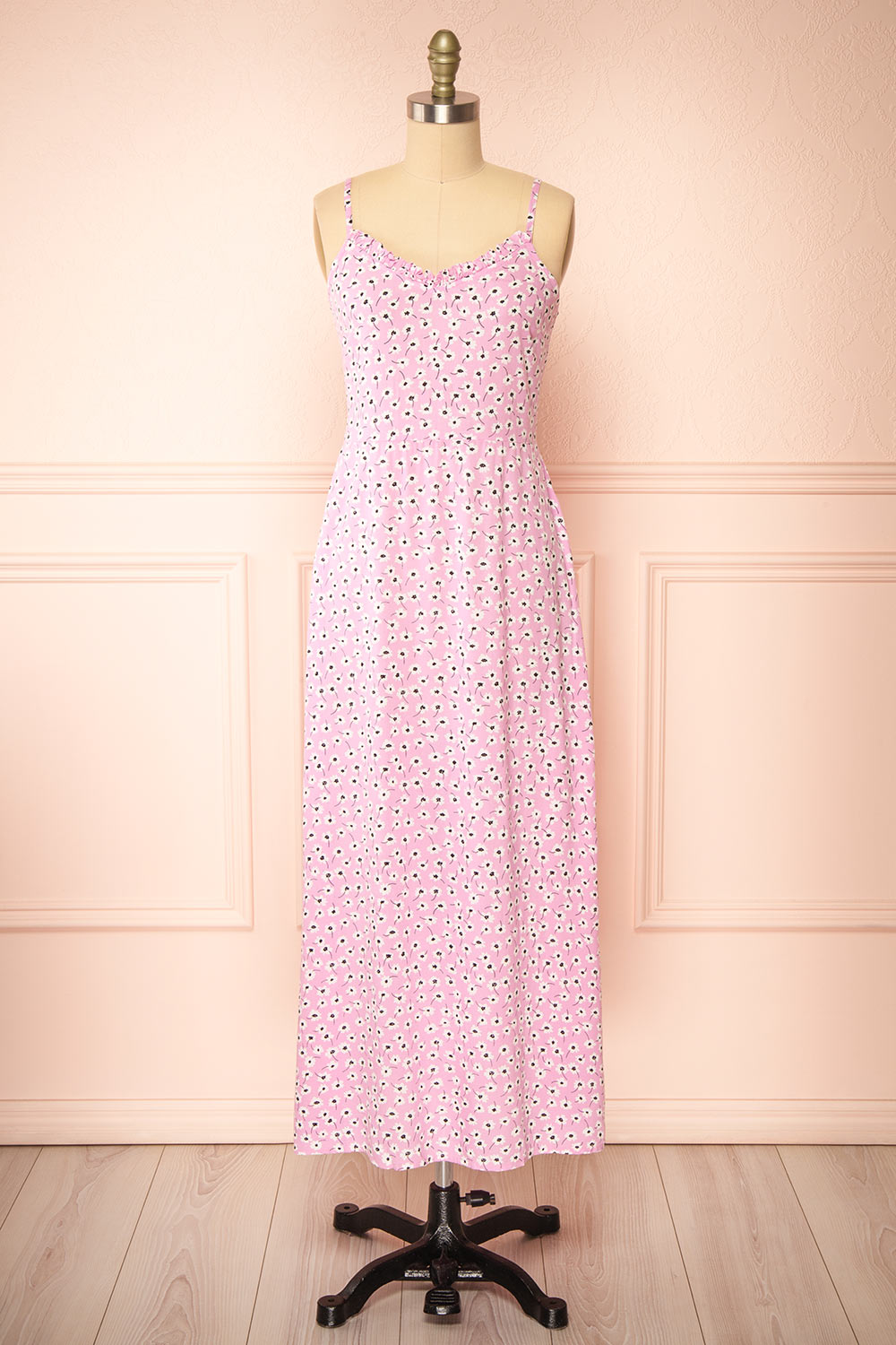Floranda Pink Floral Midi Dress w/ Ruffles | Boutique 1861 front view