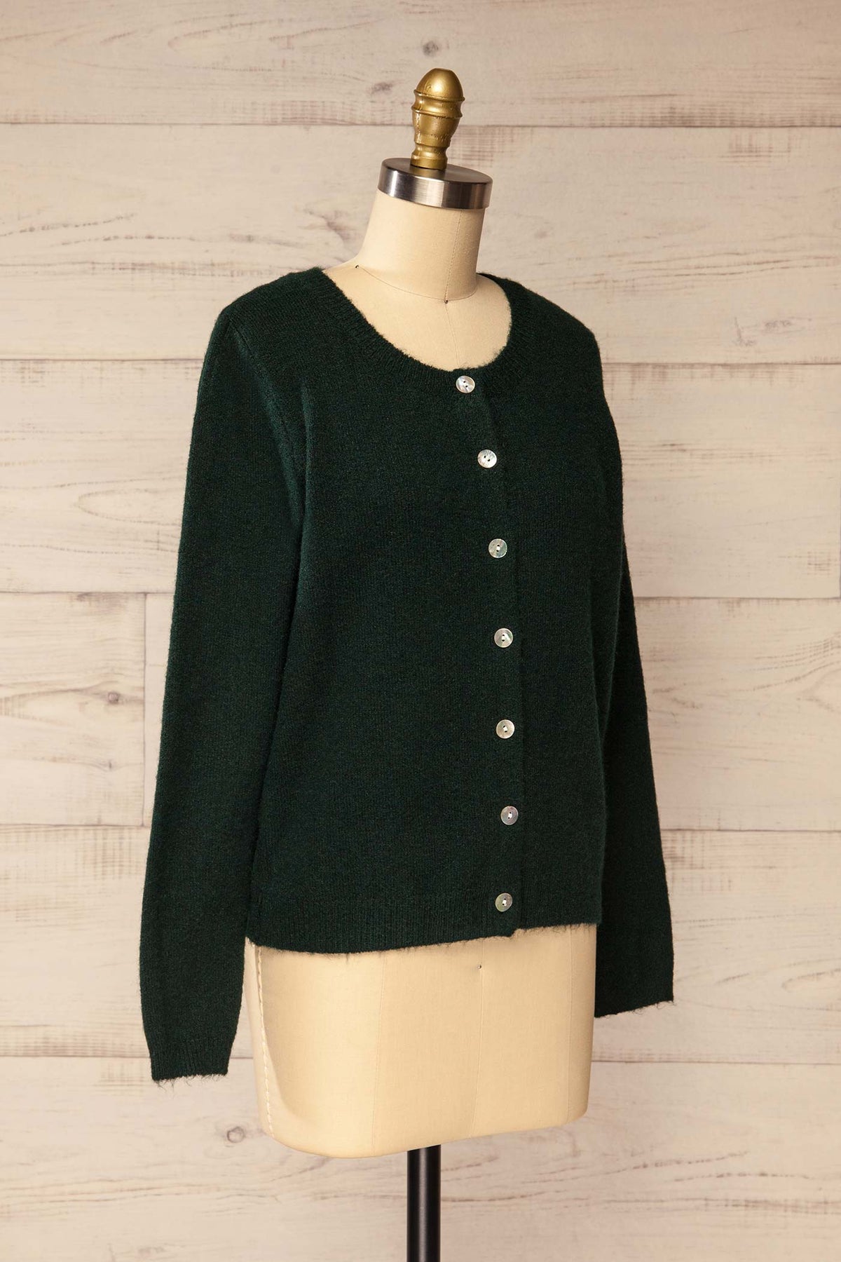 side front view of Florimond Dark Green Soft Knit Cardigan at La petite garçonne