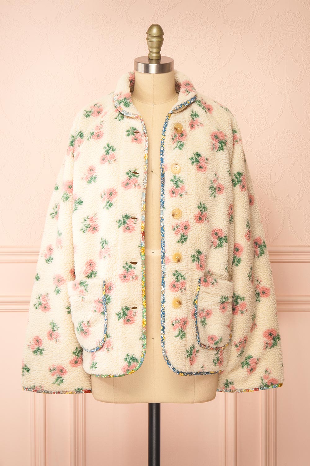 Florine Floral Button-Up Teddy Coat | Boutique 1861  open view