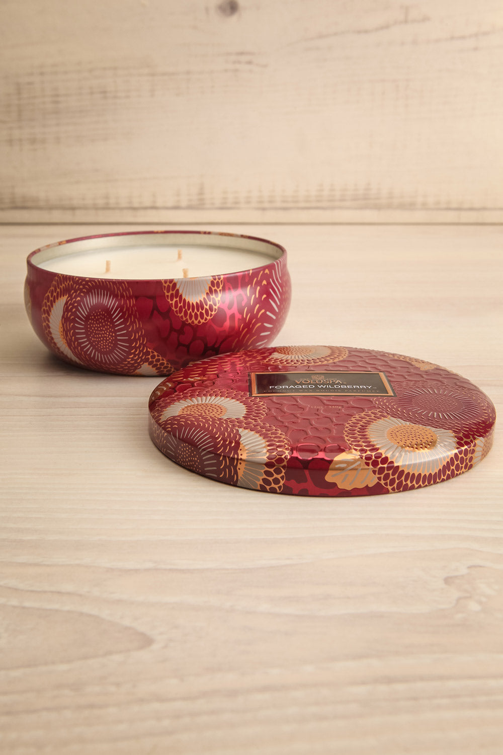 Foraged Wildberry Tin Bowl Candle by Voluspa | Maison garçonne open view