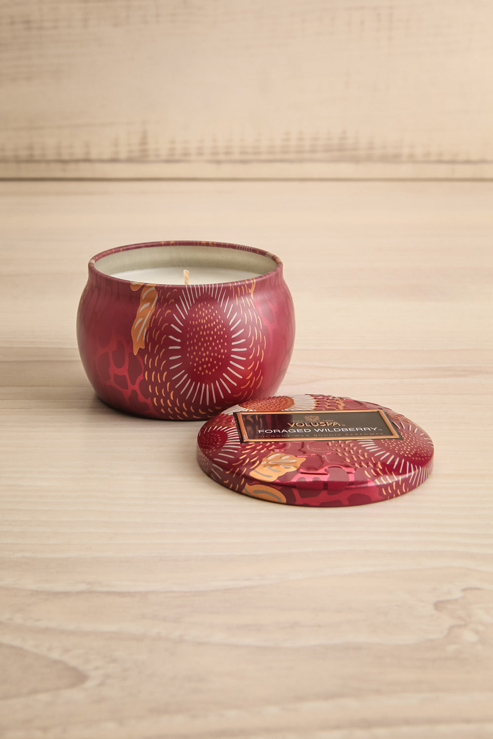 Foraged Wildberry Mini Tin Candle by Voluspa | Maison garçonne open view