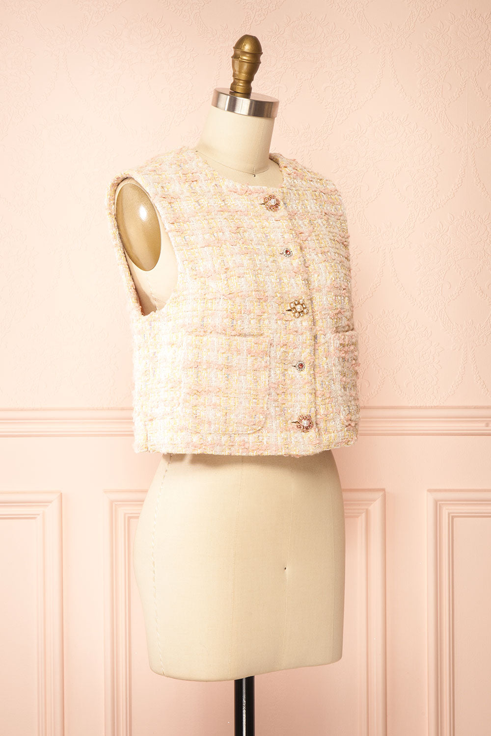 Franca Pink Tweed Sleeveless Top with Buttons | Boutique 1861 side view