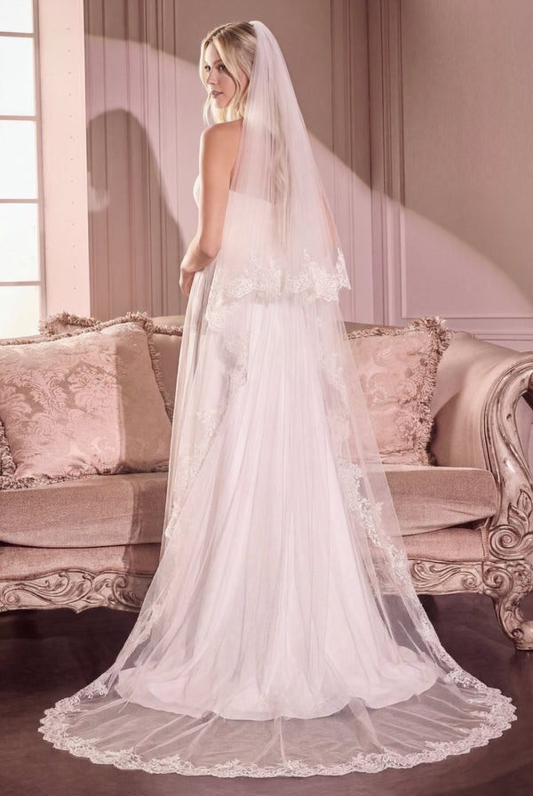 Woman wearing Frederica Wedding Veil with Floral Lace from Boudoir 1861