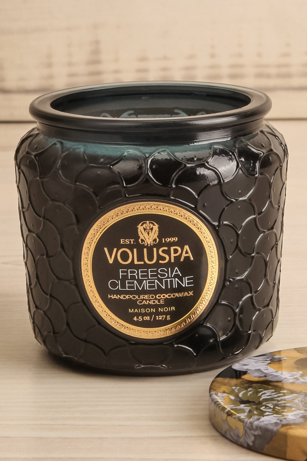 Freesia Clementine Petite Jar Candle by Voluspa | La petite garçonne open close-up