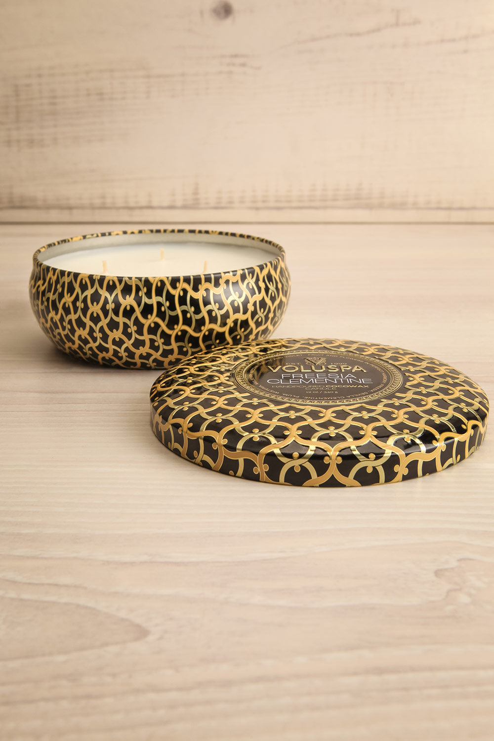 Freesia Clementine Tin Bowl Candle by Voluspa | Maison garçonne open view