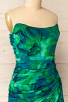 Frejus Strapless Blue-Green Abstract Print Dress | La petite garçonne side close-up