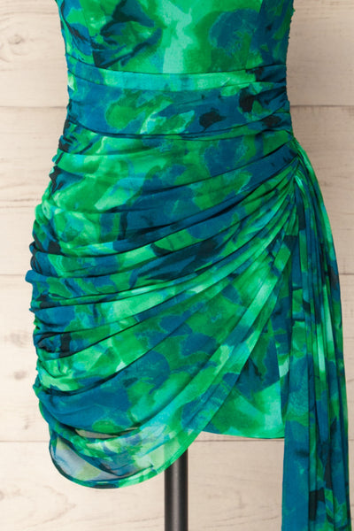 Frejus Strapless Blue-Green Abstract Print Dress | La petite garçonne bottom view