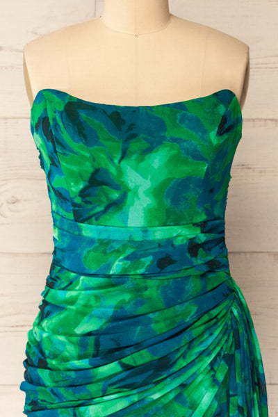 Frejus Strapless Blue-Green Abstract Print Dress | La petite garçonne front close-up
