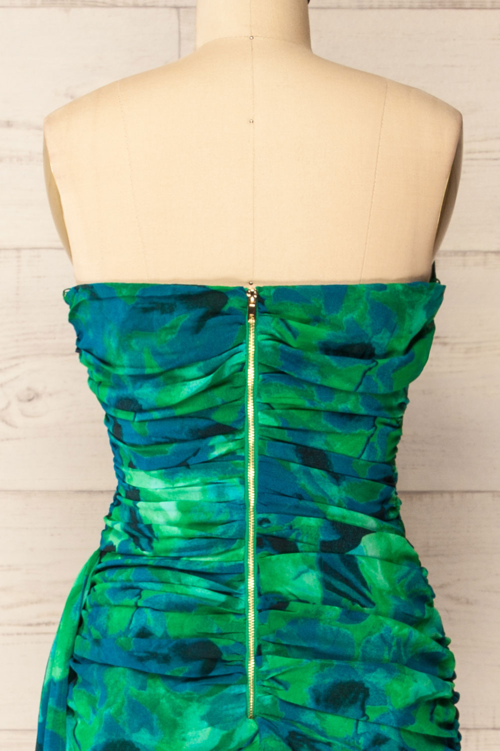 Frejus Strapless Blue-Green Abstract Print Dress | La petite garçonne back close-up