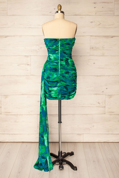 Frejus Strapless Blue-Green Abstract Print Dress | La petite garçonne back view