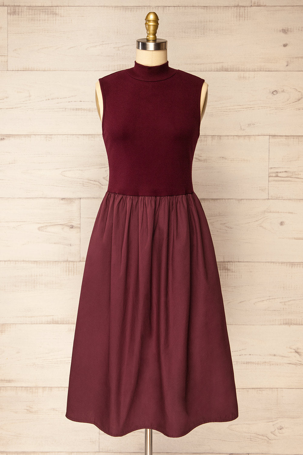 Frell Burgundy Midi Dress w/ Mock Neck | La petite garçonne front view