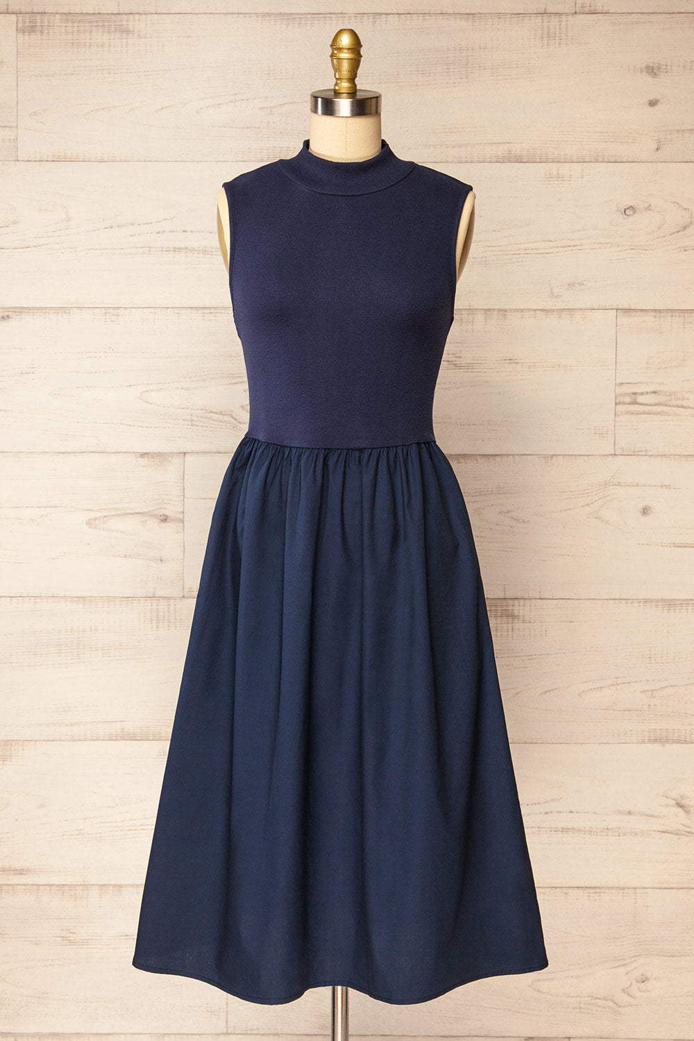 Frell Navy Midi Dress w/ Mock Neck | La petite garçonne front view