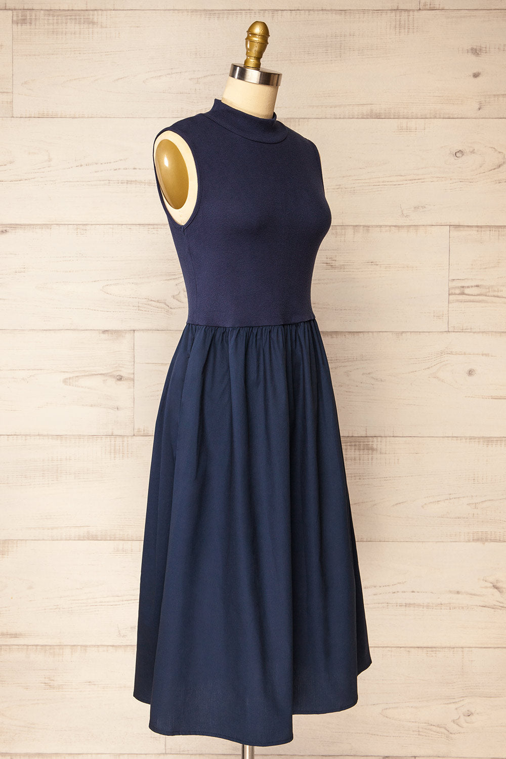 Frell Navy Midi Dress w/ Mock Neck | La petite garçonne side view