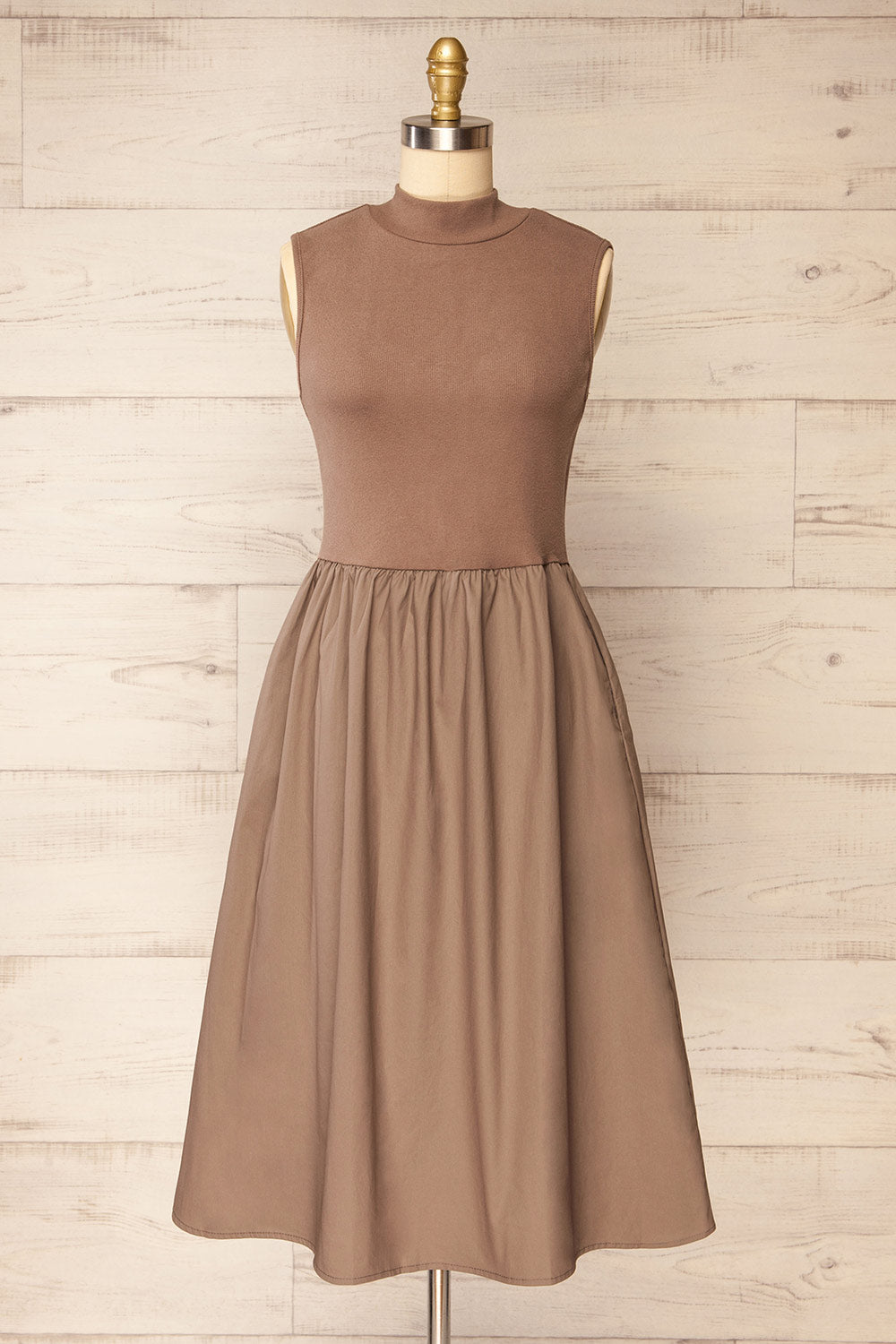 Frell Taupe Midi Dress w/ Mock Neck | La petite garçonne front view