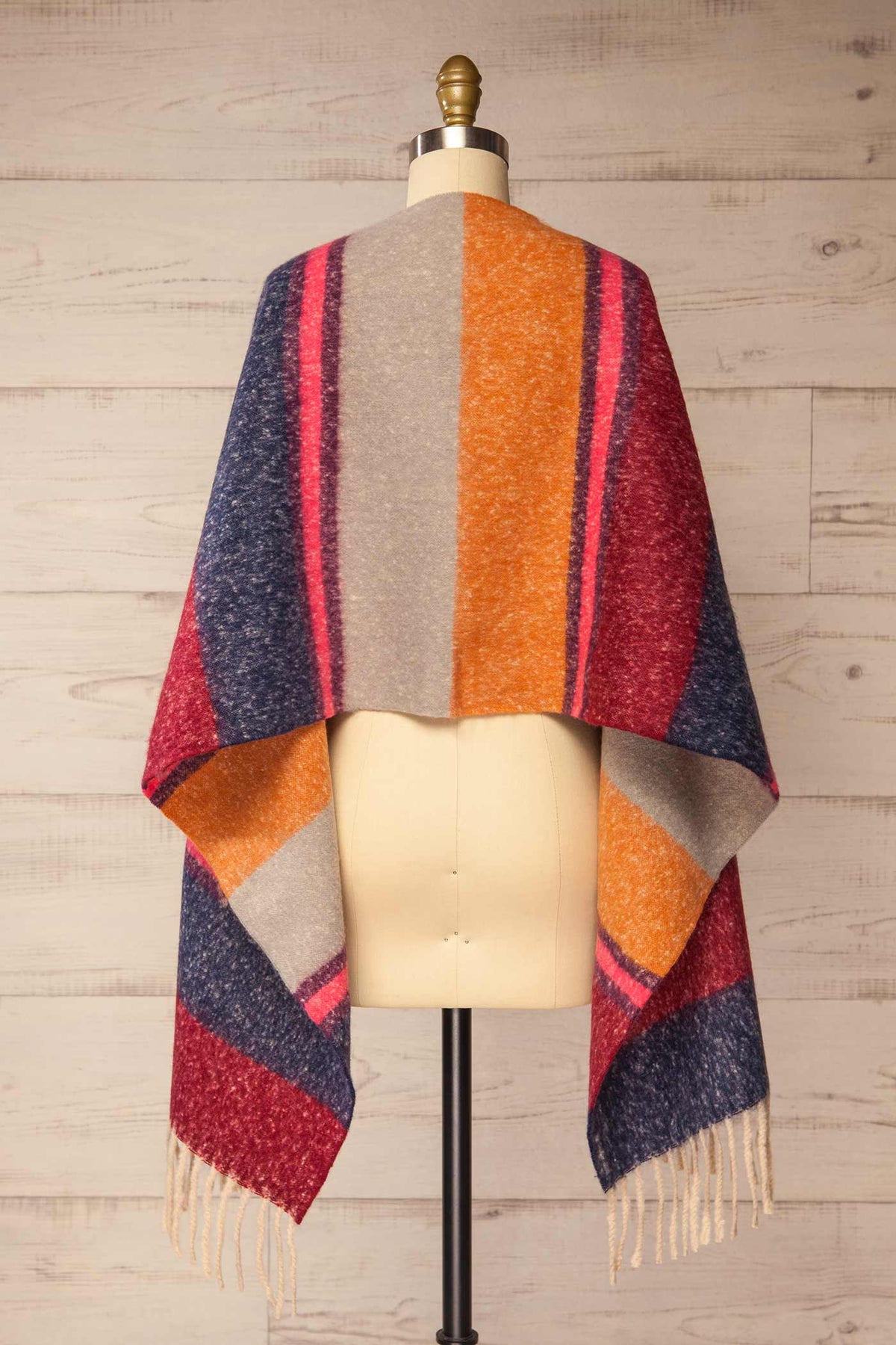 back shawl view of Fridolet Multi-Color Striped Fringed Fuzzy Scarf at La petite garçonne