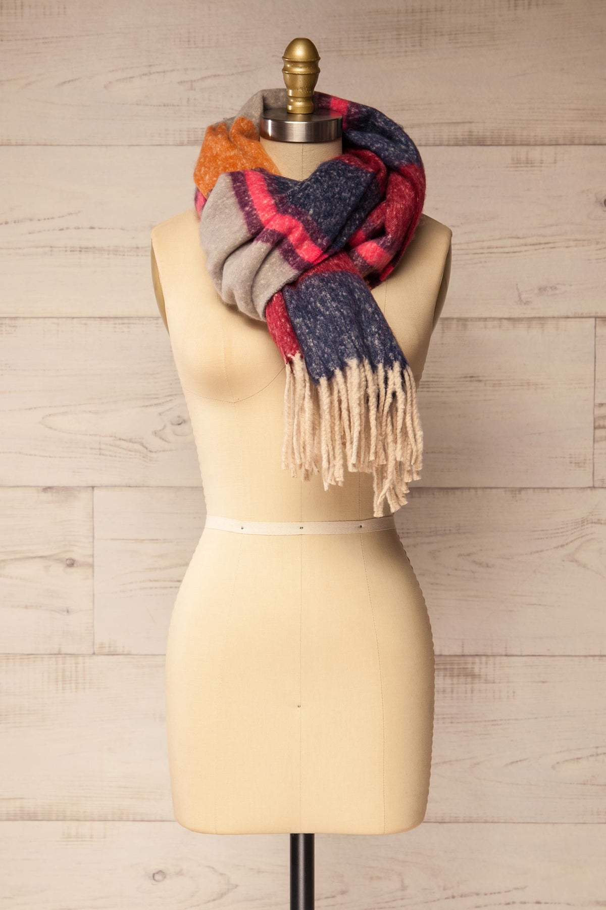 knot view of Fridolet Multi-Color Striped Fringed Fuzzy Scarf at La petite garçonne