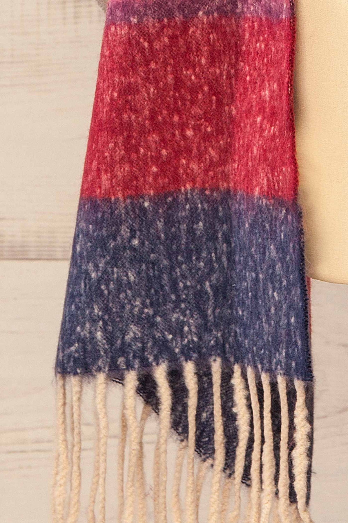 fabric view of Fridolet Multi-Color Striped Fringed Fuzzy Scarf at La petite garçonne