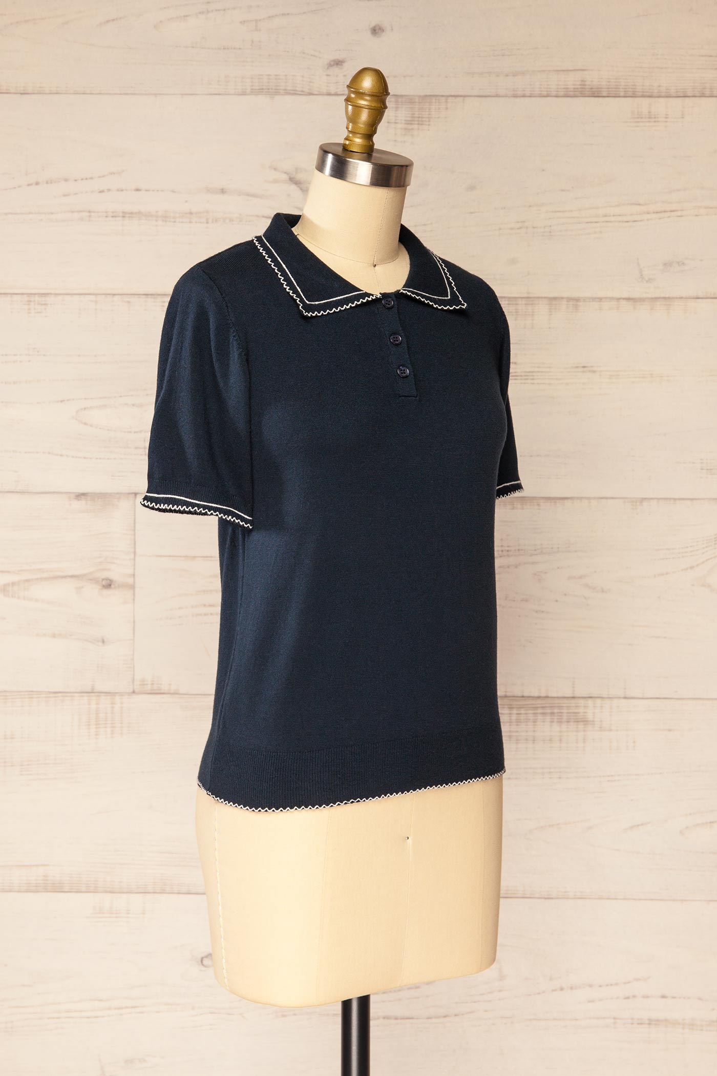 Fridolina Navy Short-Sleeved Knit Polo | La petite garçonne side