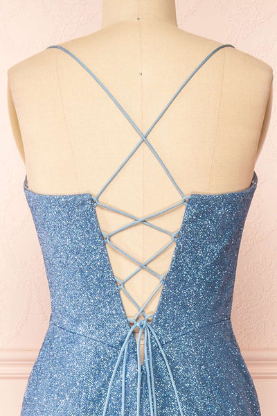 Frosti Blue Grey Sparkly Cowl Neck Maxi Dress | Boutique 1861 back close-up