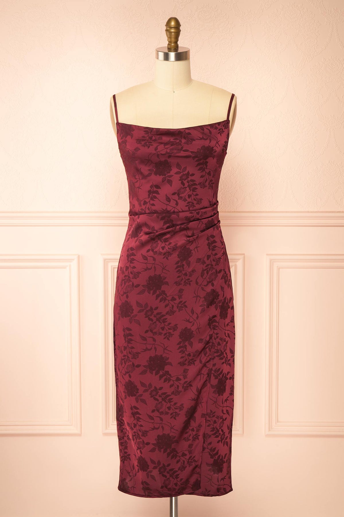 front view of Fyra Burgundy Cowl Neck Satin Jacquard Midi Dress at Boutique 1861