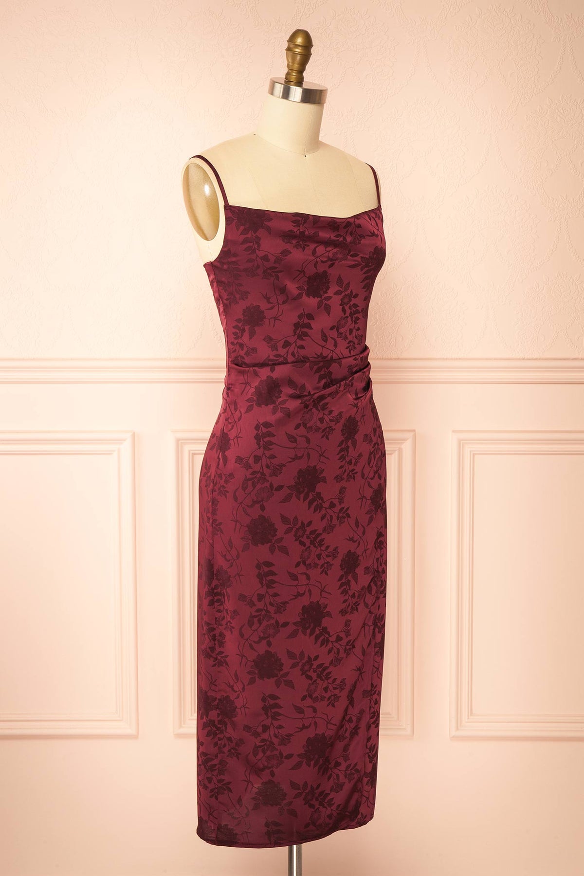 side view of Fyra Burgundy Cowl Neck Satin Jacquard Midi Dress at Boutique 1861