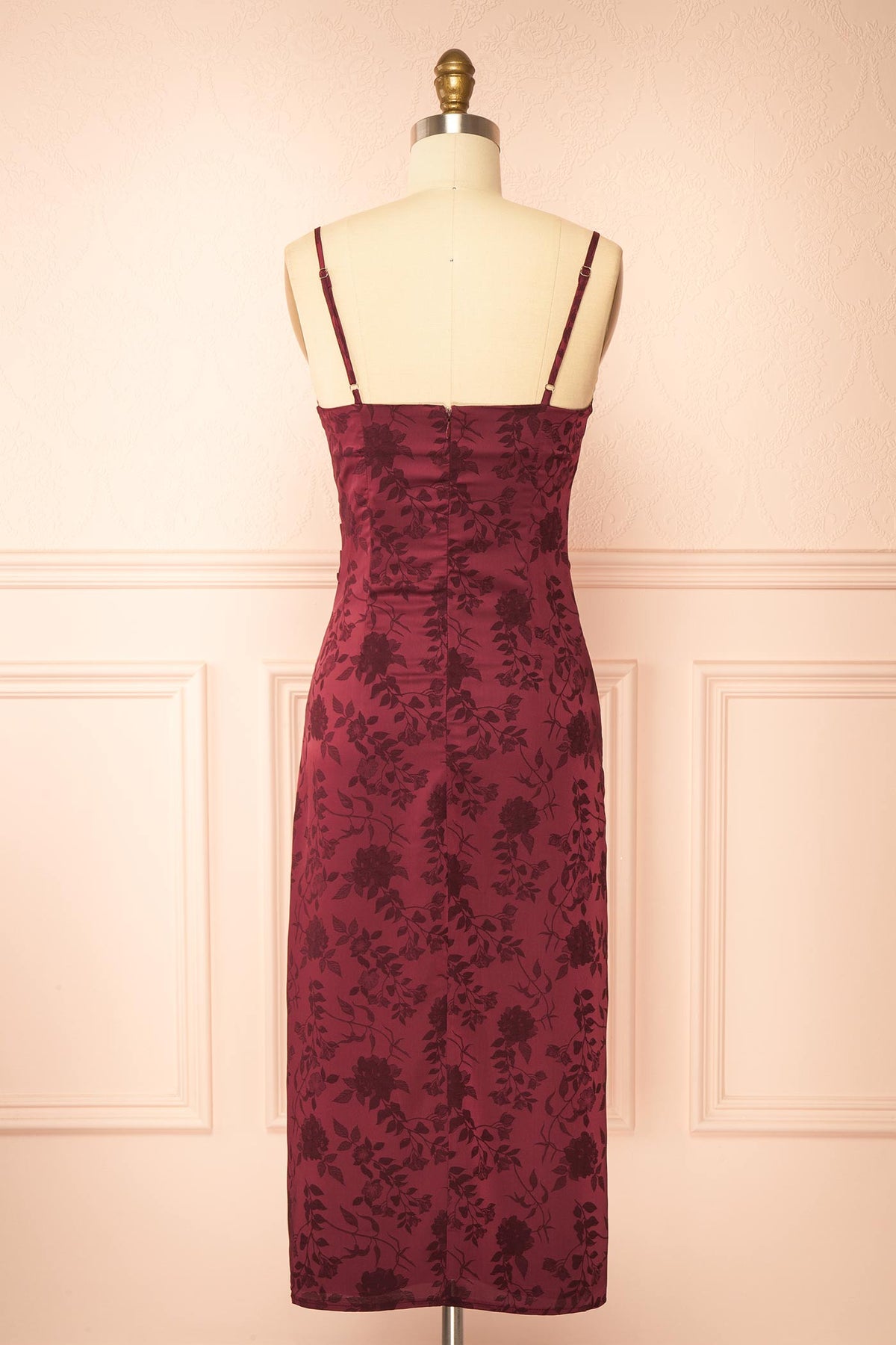 back view of Fyra Burgundy Cowl Neck Satin Jacquard Midi Dress at Boutique 1861