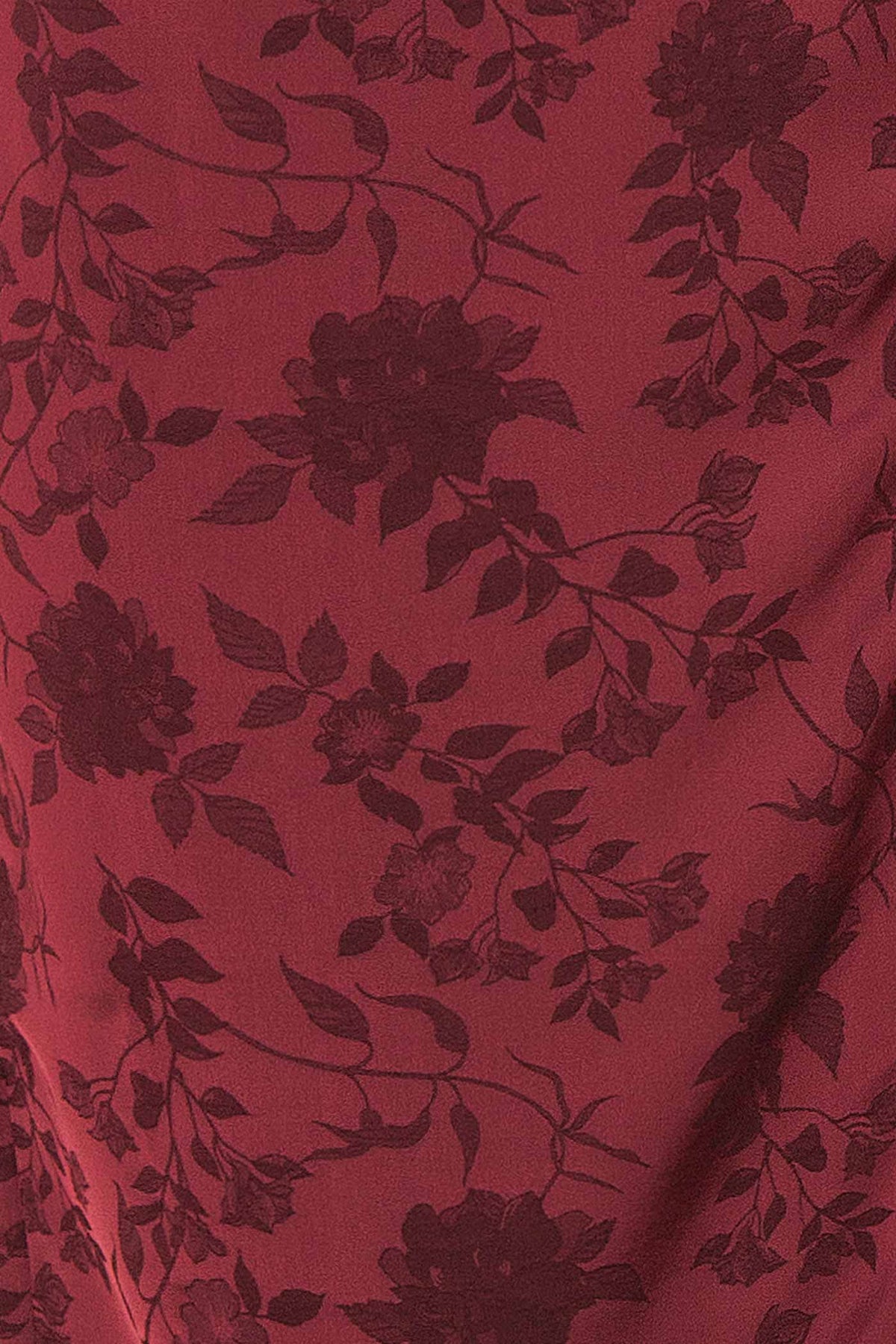 fabric view of Fyra Burgundy Cowl Neck Satin Jacquard Midi Dress at Boutique 1861
