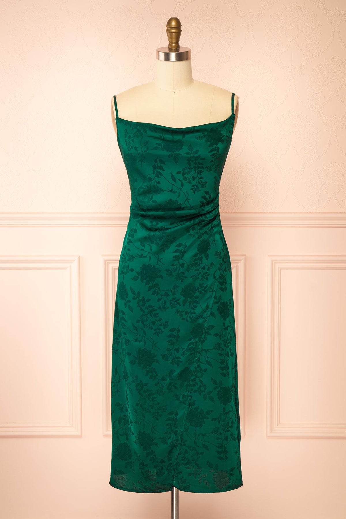 front view of Fyra Green Cowl Neck Satin Jacquard Midi Dress at Boutique 1861
