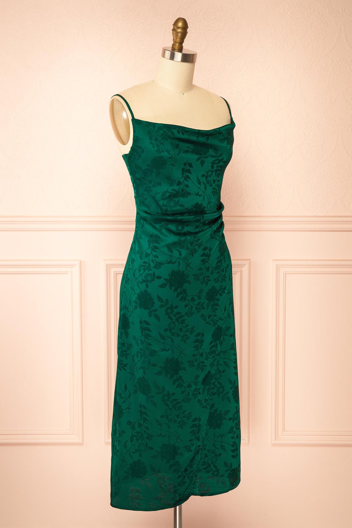 side view of Fyra Green Cowl Neck Satin Jacquard Midi Dress at Boutique 1861