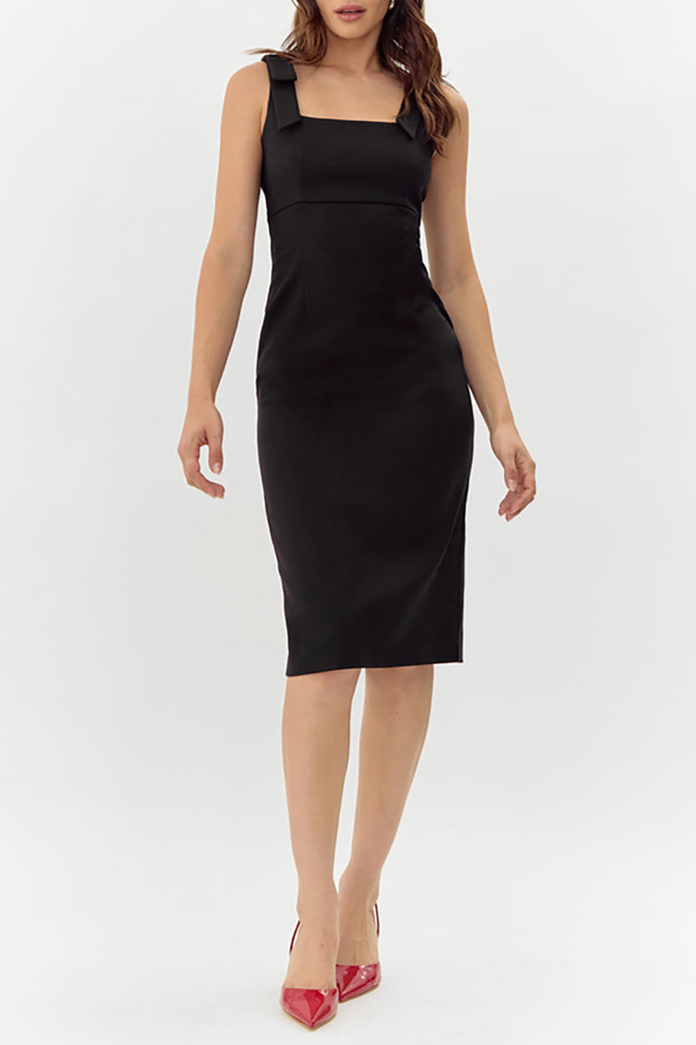 Gaile Black Shoulder Tie Midi Dress | Boutique 1861 on model