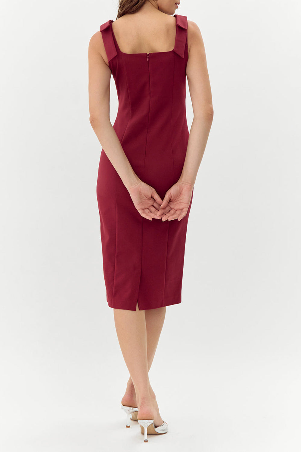 Gaile Burgundy Shoulder Tie Midi Dress | Boutique 1861 model