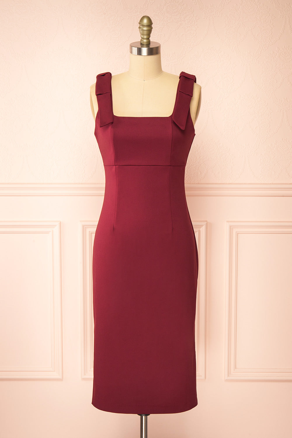 Gaile Burgundy Shoulder Tie Midi Dress | Boutique 1861 front view