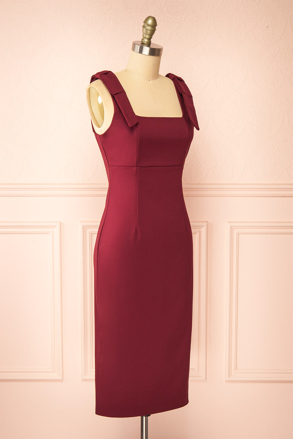 Gaile Burgundy Shoulder Tie Midi Dress | Boutique 1861 side view