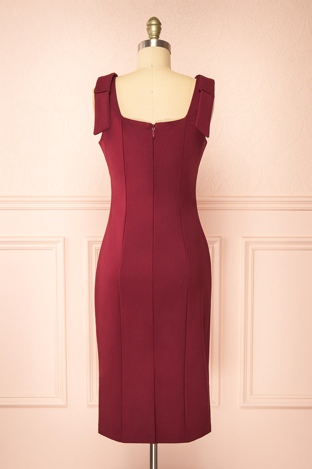 Gaile Burgundy Shoulder Tie Midi Dress | Boutique 1861 back view