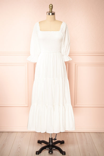 Galadriel White Midi Dress w/ Ruched Bust | Boutique 1861 front view