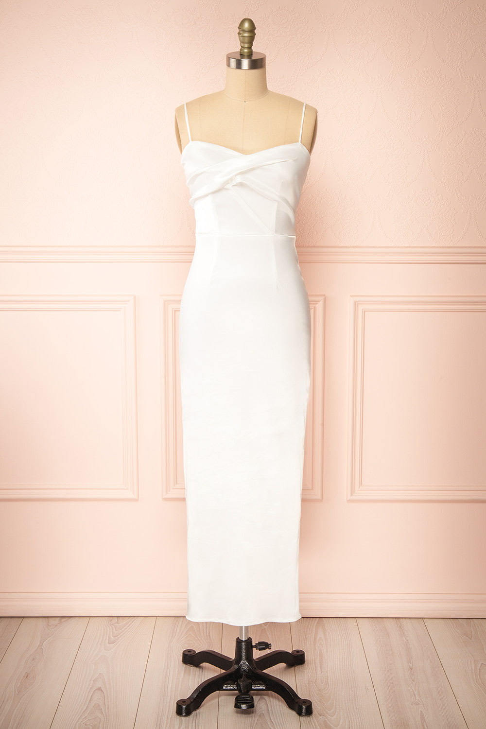 Galilea White Satin Midi Dress w/ Twist Front | Boudoir 1861 front view